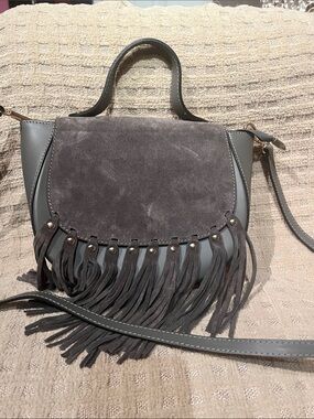 Gray Suede Fringe Crossbody with Top Handle